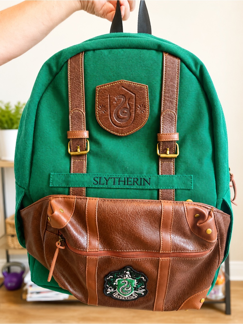 obo Slytherin Green Canvas & Brown Leather Backpack